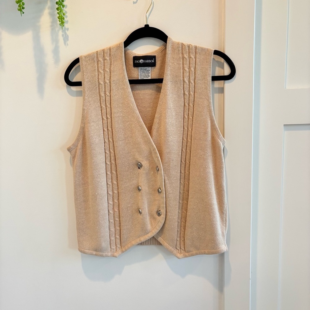 Sag Harbor Vintage Beige Double Breasted Cable Knit Women's Sweater Vest Size L